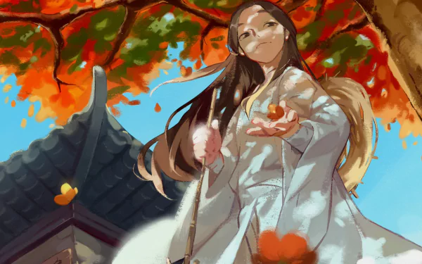 Anime HD PC desktop wallpaper — Tian Guan Ci Fu: serene long-haired figure in white robes beneath crimson autumn leaves, a temple roof visible in the background.
