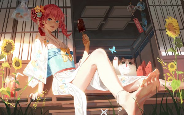 Anime Girl Cat Feet Ice Cream Butterfly HD Wallpaper | Background Image