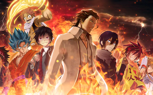 HD anime desktop wallpaper featuring a crossover of Ryō Kurokiba (Food Wars), Natsu Dragneel (Fairy Tail), Asuna Yuuki (Sword Art Online), Sora (No Game No Life), Yato (Noragami), and Sōsuke Aizen (Bleach) amid fiery background.