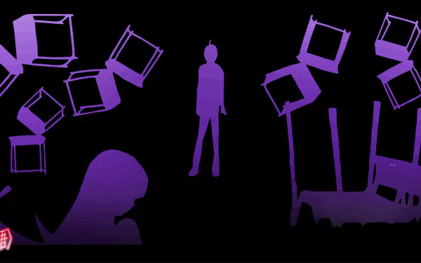 Silhouettes of Koyomi Araragi and Shinobu Oshino from the Monogatari series in purple tones on a black background, designed as an 8K Ultra HD anime desktop wallpaper.