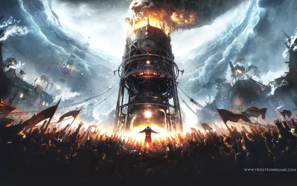 4K Ultra HD PC desktop wallpaper of the video game Frostpunk: a towering burning generator under swirling icy skies, crowds surrounding a lone figure before a frozen, ruined cityscape.