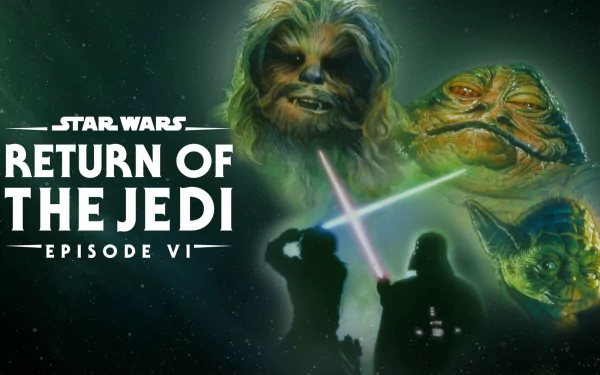 HD Star Wars Episode VI: Return of the Jedi movie wallpaper featuring Chewbacca, Jabba the Hutt, and a lightsaber battle silhouette for PC desktop background.