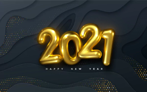 4K Ultra HD desktop wallpaper featuring shiny gold 2021 balloons with Happy New Year text against a dark, festive background celebrating the New Year holiday.