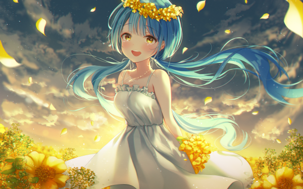 Anime Girl Aqua Hair Blush White Dress Flower Long Hair Yellow Eyes HD Wallpaper | Background Image