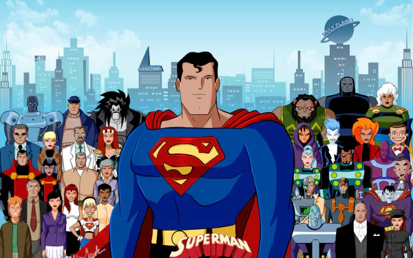HD PC desktop wallpaper for the TV show Superman: The Animated Series — Superman stands front and center with his S emblem, flanked by allies and villains against a Metropolis skyline.