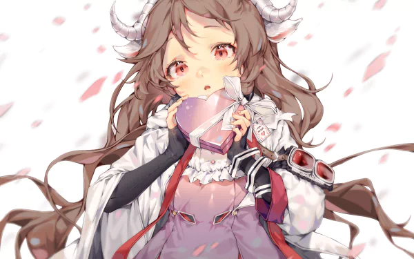Eyjafjalla (Arknights) with long brown hair, horns and animal ears, red eyes, holding a pink heart as petals drift — 2K Quad HD PC desktop wallpaper.