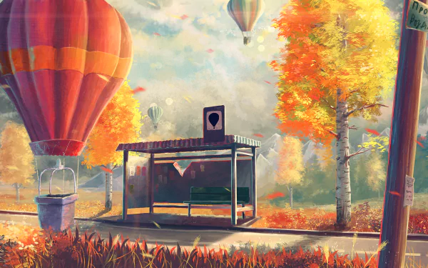 Anime-style HD desktop wallpaper depicting a colorful autumn street scene with a bus stop and hot air balloons floating in the sky.