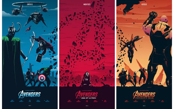 HD PC desktop wallpaper featuring stylized posters of Avengers movies: Infinity War, Age of Ultron, and the original Avengers by Marvel Studios.