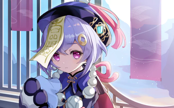 HD wallpaper featuring Qiqi from the video game Genshin Impact, set against a serene backdrop with soft lighting and gentle colors. Qiqi is depicted in her signature outfit with a detailed background.
