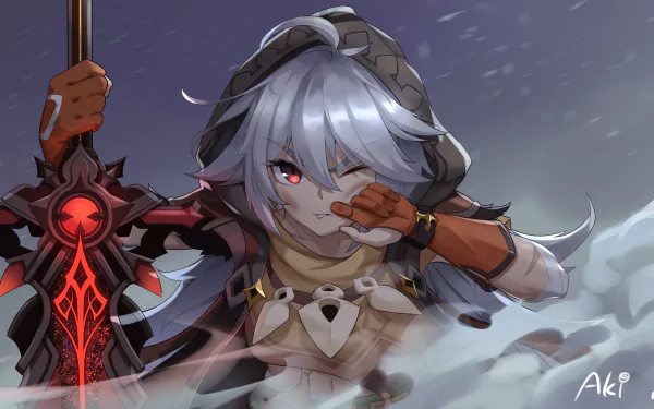 HD desktop wallpaper featuring Razor from Genshin Impact, with grey hair and red eyes, holding a sword. The dynamic artwork captures an intense moment from the video game.