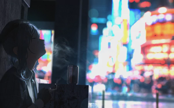 HD desktop wallpaper of Hoshimachi Suisei, an anime-style Hololive Virtual Youtuber, with a neon cityscape in the background. The scene features dramatic lighting and vibrant colors.