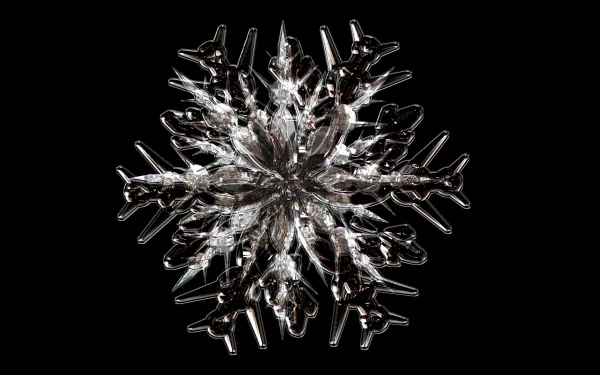Artistic close-up of a detailed snowflake in 4K Ultra HD, set against a black background, designed as a PC desktop wallpaper and background.