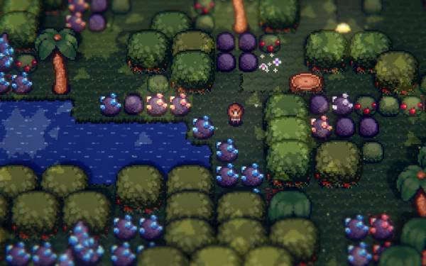 HD wallpaper of Tinkertown game, featuring a character amidst lush pixelated foliage and a tranquil stream.