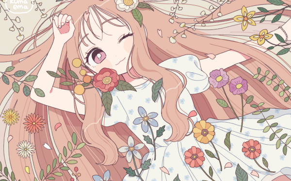 Anime Girl Brown Hair Dress Flower Long Hair Purple Eyes Wink HD Wallpaper | Background Image
