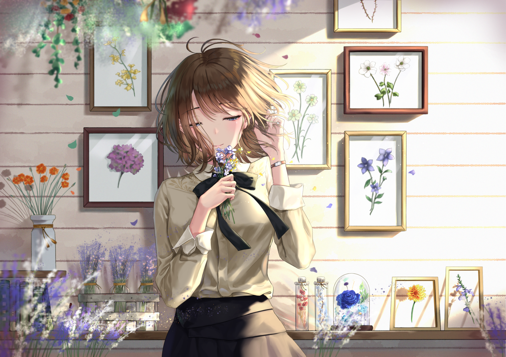 Anime girl with short brown hair holds flowers in a softly lit room filled with framed botanical artwork; a serene and moody HD desktop wallpaper background.