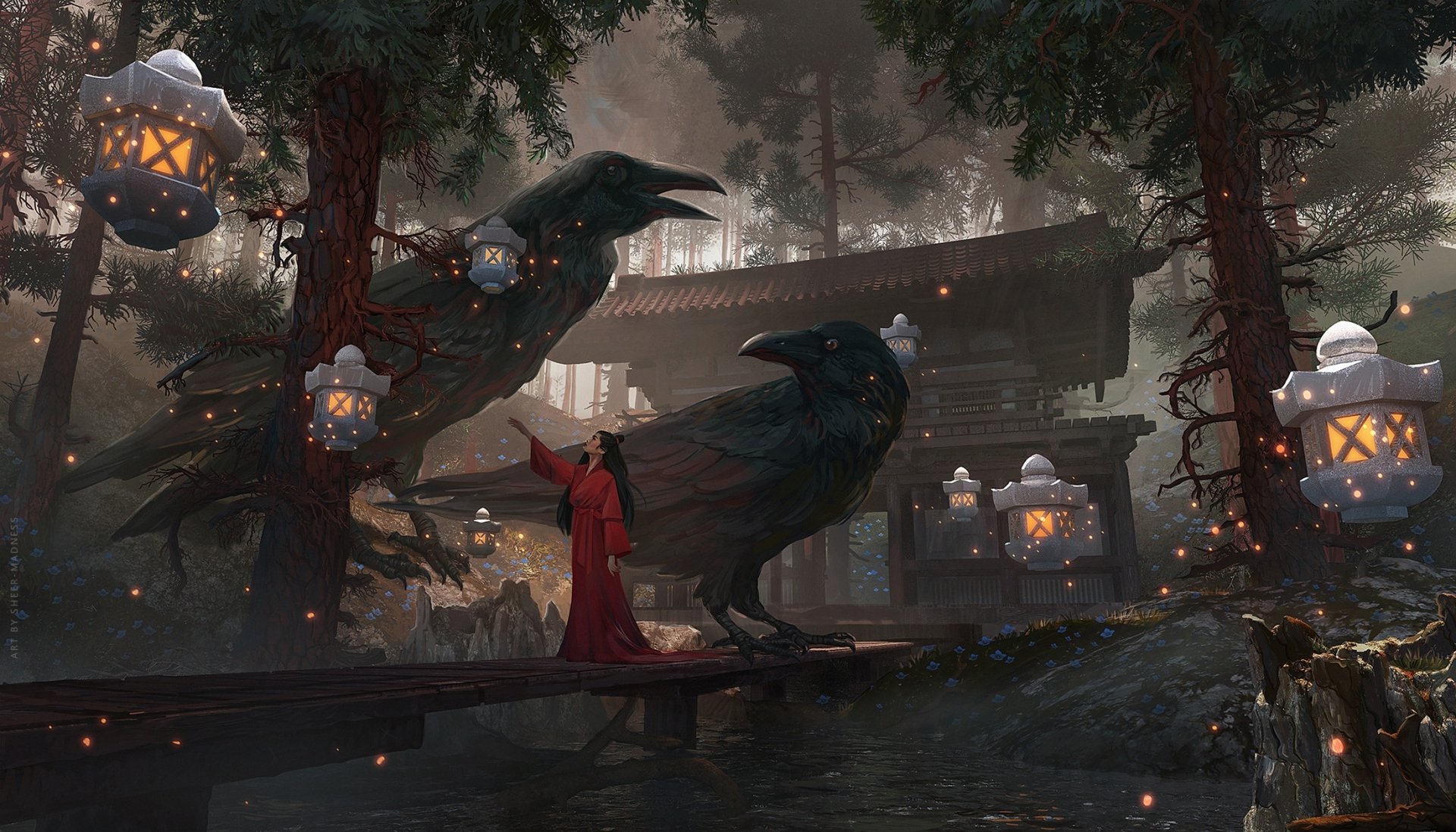 A fantasy oriental temple scene at night with glowing lanterns, giant crows, and a figure in red, captured in HD for a PC desktop wallpaper.
