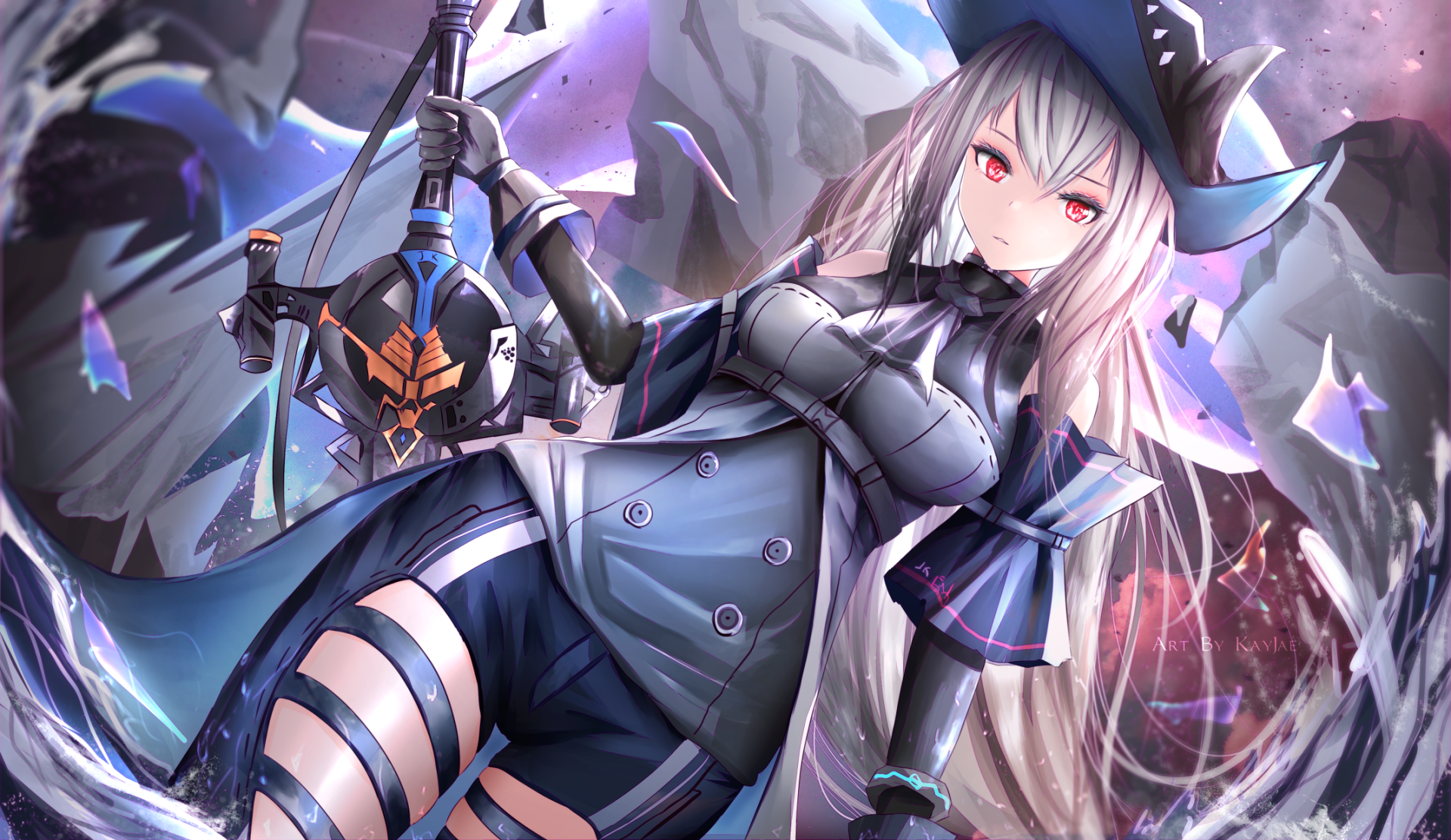 HD PC desktop wallpaper featuring Skadi from the video game Arknights, showcasing her detailed outfit and striking pose against a dynamic, ethereal background.