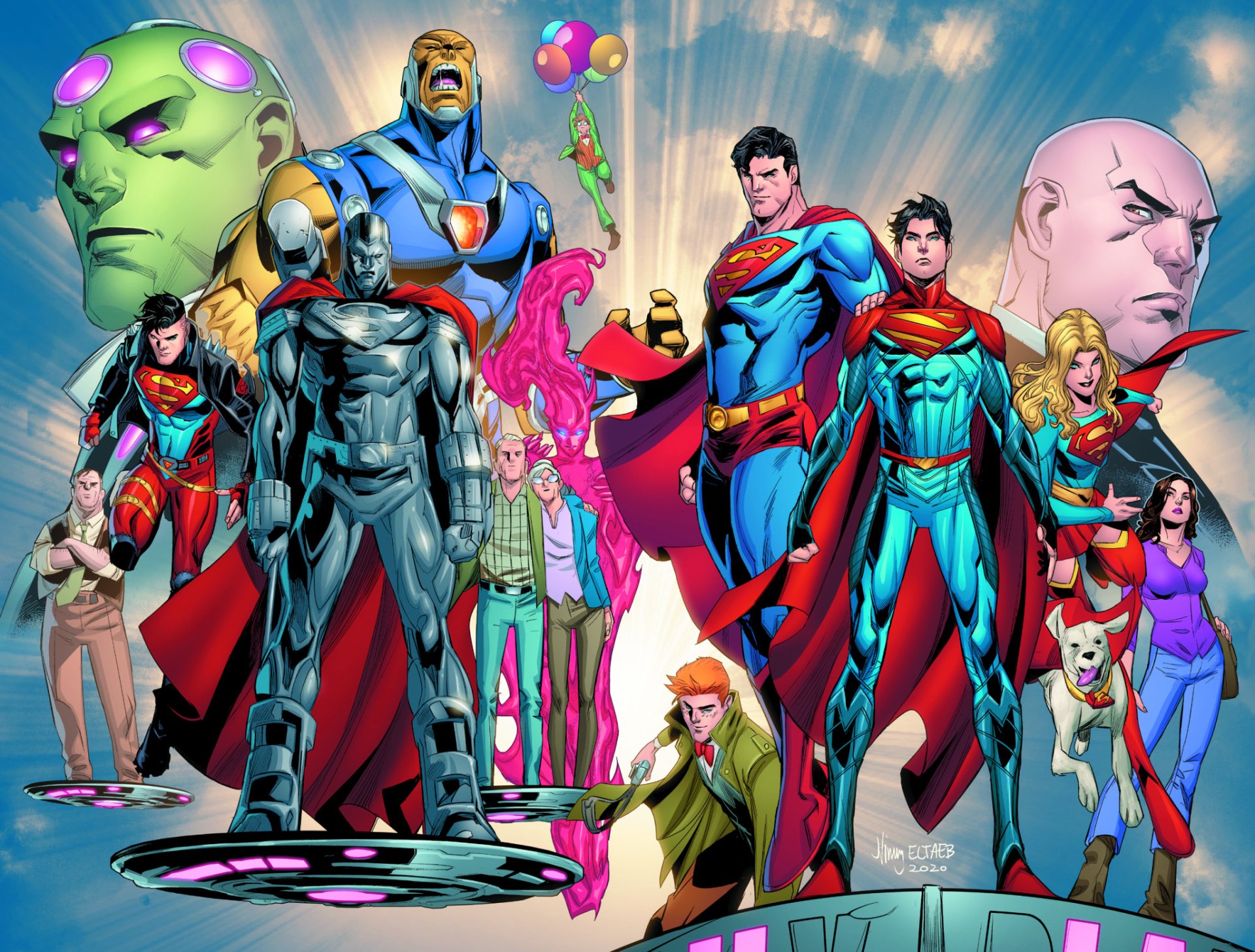HD PC desktop wallpaper featuring a vibrant comic-style lineup of Superman and various superheroes and characters in dynamic poses.