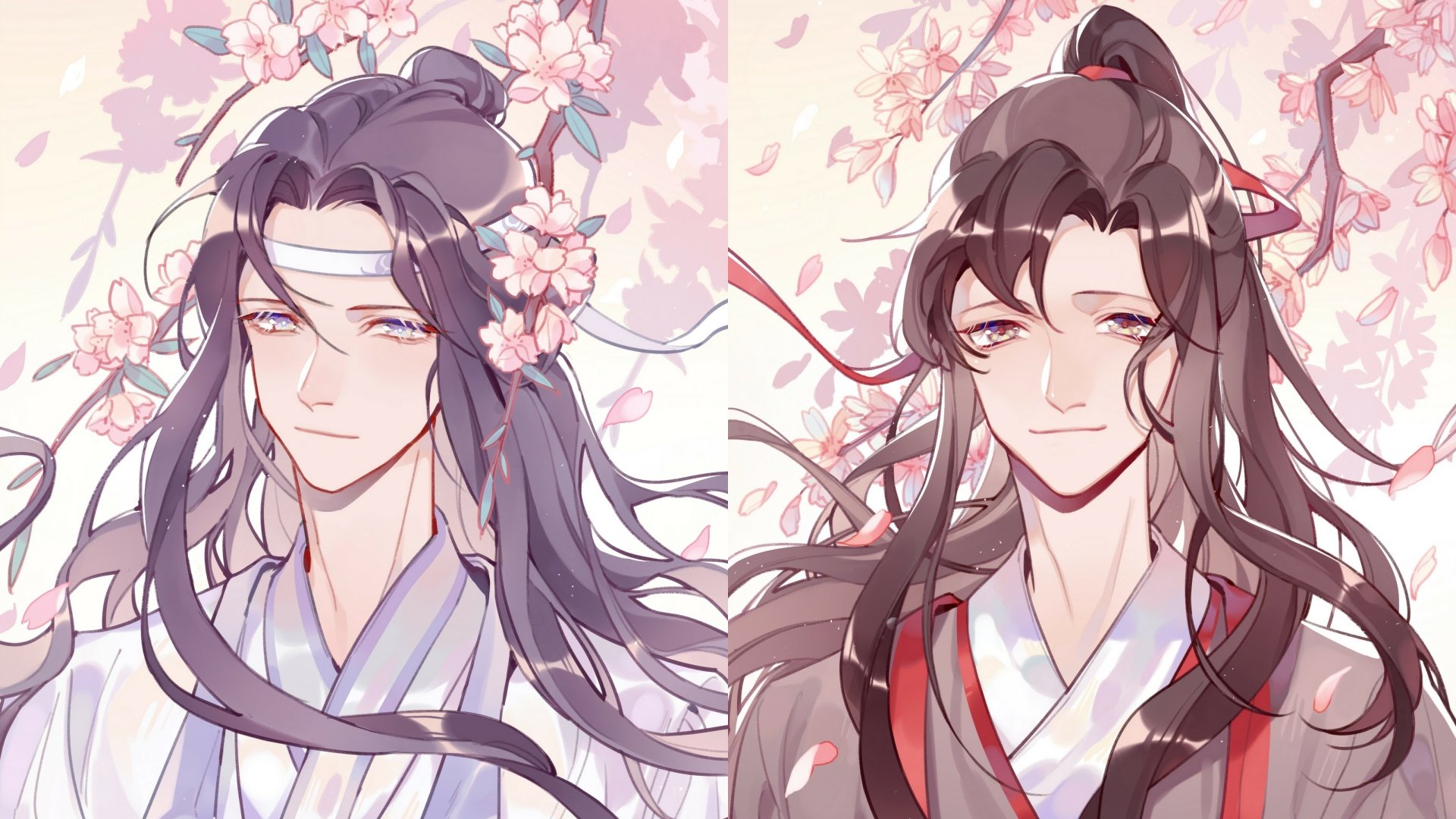 Anime-style 4K Ultra HD wallpaper featuring Wei Wuxian and Lan Wangji from Mo Dao Zu Shi amidst blooming cherry blossoms.