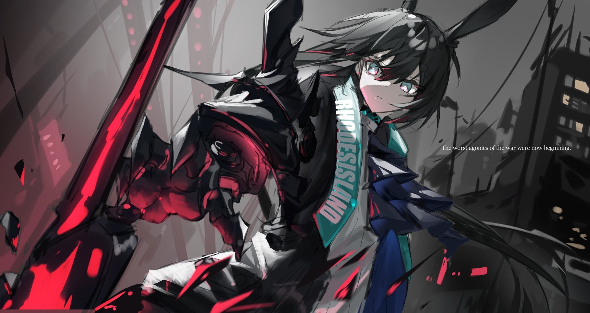 4K Ultra HD PC desktop wallpaper featuring Amiya from the video game Arknights, showcasing dynamic, dark-themed artwork with striking red and black accents.