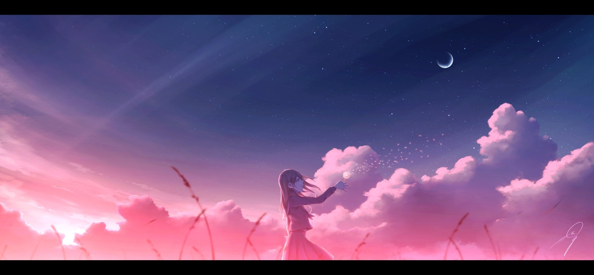 HD anime desktop wallpaper featuring an anime girl standing amidst tall grass under a starry twilight sky with pink clouds and a crescent moon.