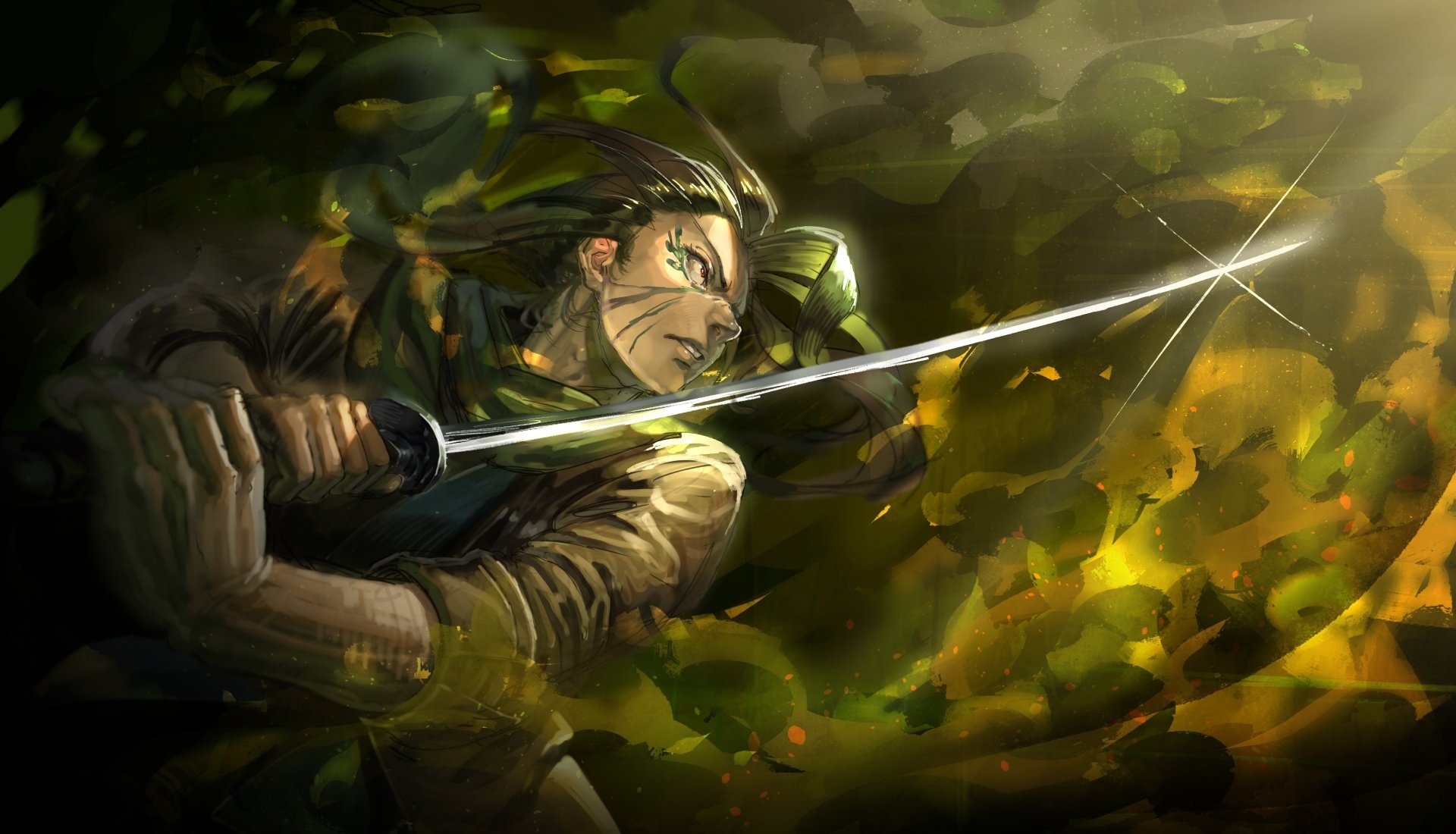 Anime warrior crouched amid swirling green-gold foliage, sword flashing; dramatic 4K Ultra HD PC desktop wallpaper/background with intense lighting and motion.
