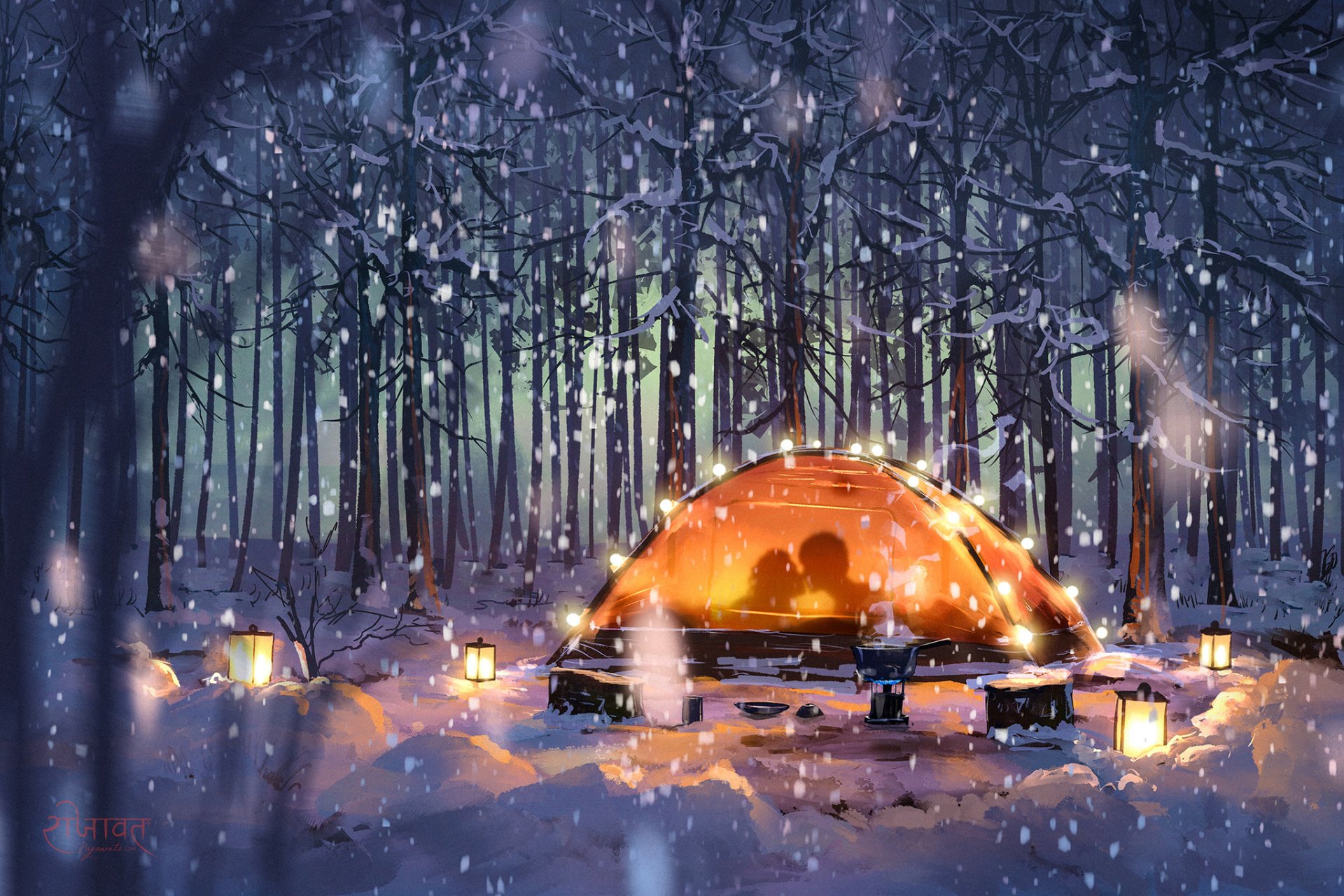Anime couple sits inside a glowing tent surrounded by lanterns in a snowy forest at winter, captured in an HD PC desktop wallpaper.