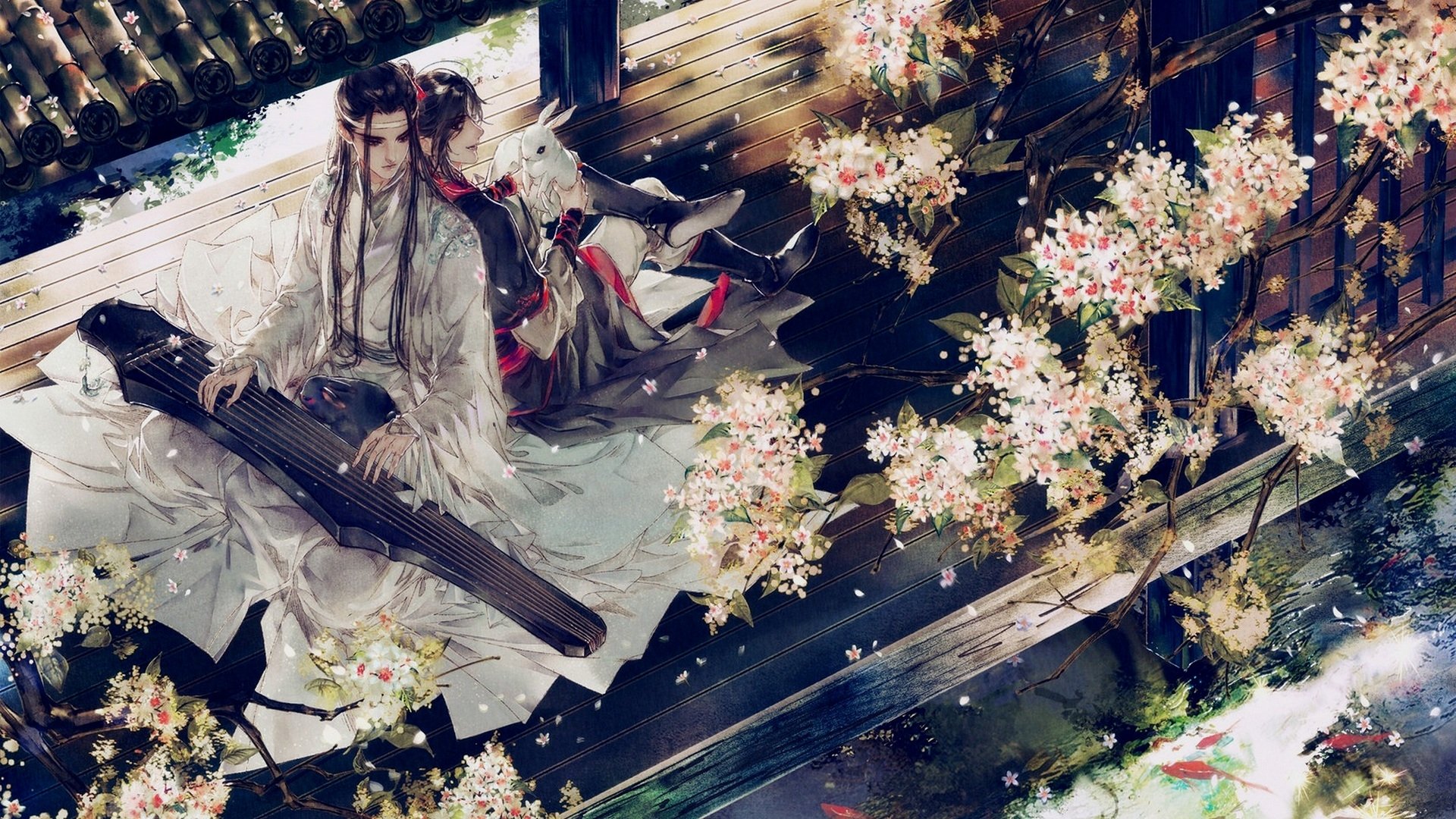 Anime HD desktop wallpaper featuring Wei Wuxian and Lan Wangji from Mo Dao Zu Shi, surrounded by delicate cherry blossoms in a serene, traditional setting.
