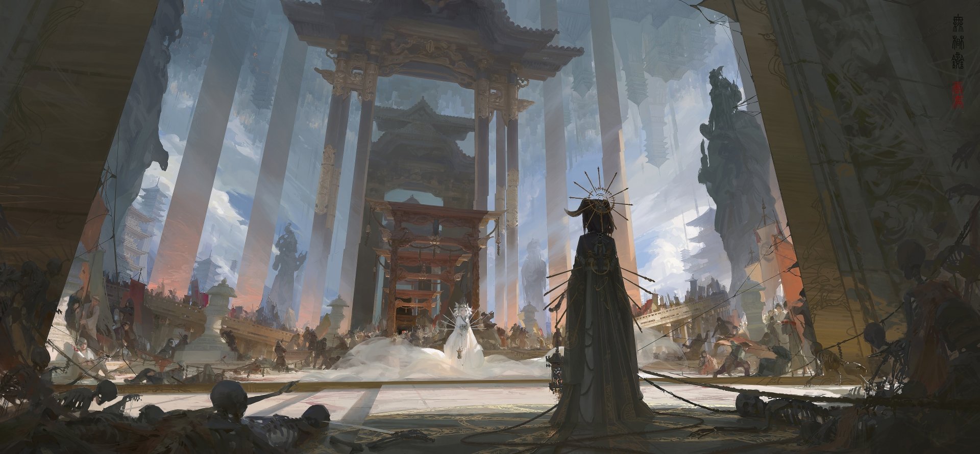 An atmospheric anime scene depicting a grand temple with towering pillars and figures, serving as a stunning 4K Ultra HD desktop wallpaper and background.