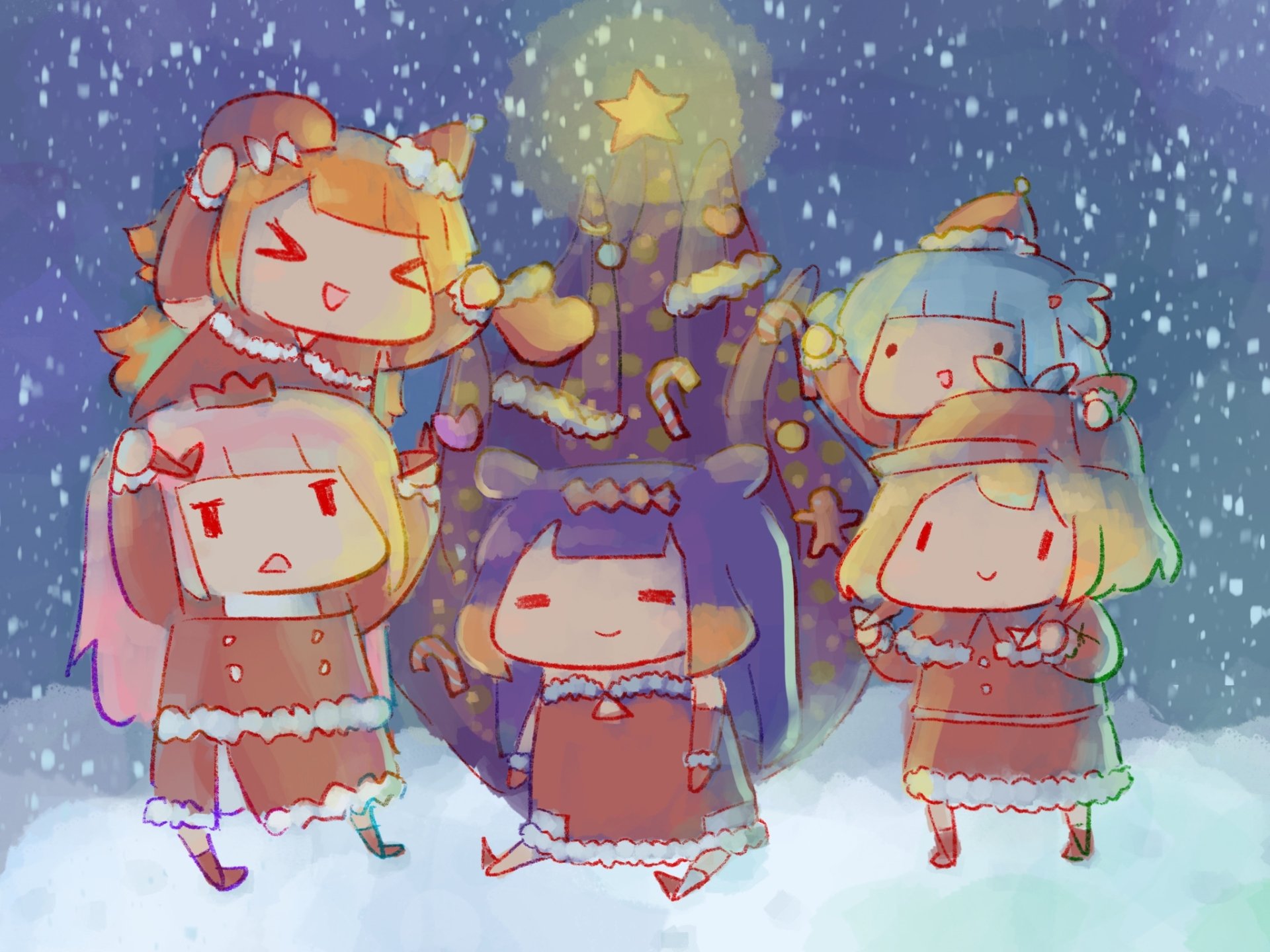 Chibi-style anime Virtual YouTubers Takanashi Kiara, Mori Calliope, Ninomae Ina’nis, Watson Amelia, and Gawr Gura celebrate around a glowing Christmas tree in a snowy HD desktop wallpaper.