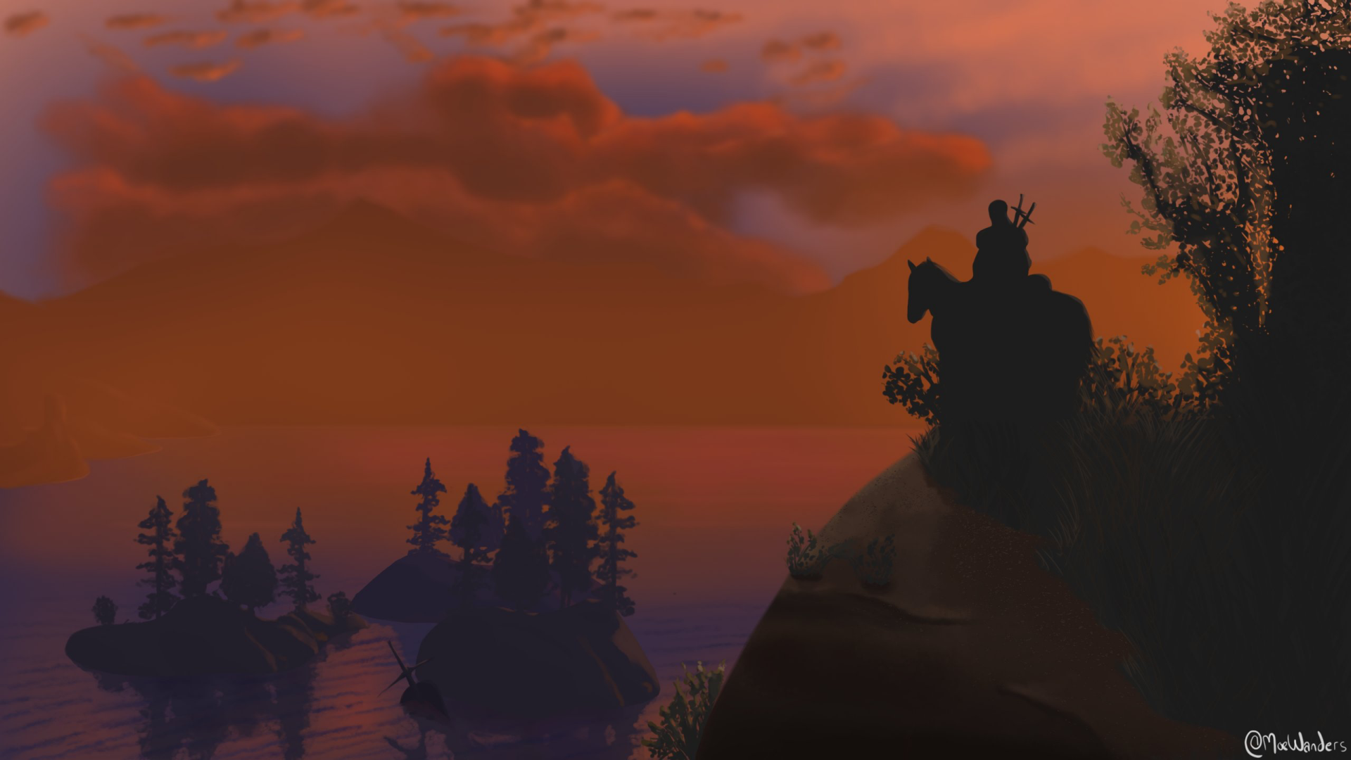 Silhouette of Geralt of Rivia on a rocky outcrop at sunset, overlooking misty islands — landscape from The Witcher 3: Wild Hunt, 2K Quad HD PC desktop wallpaper and background.