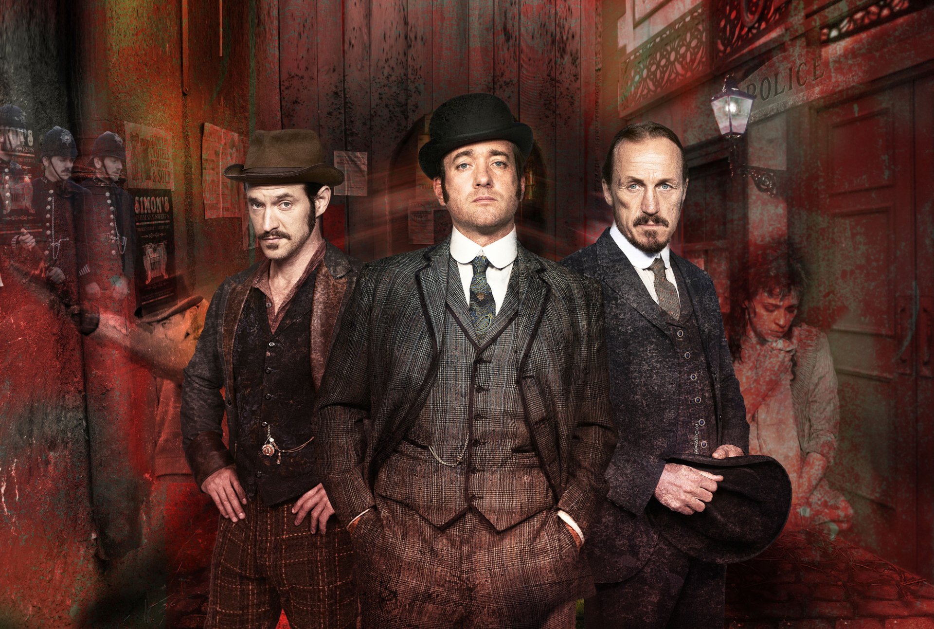 HD desktop wallpaper featuring three characters from Ripper Street against a vintage, textured backdrop.