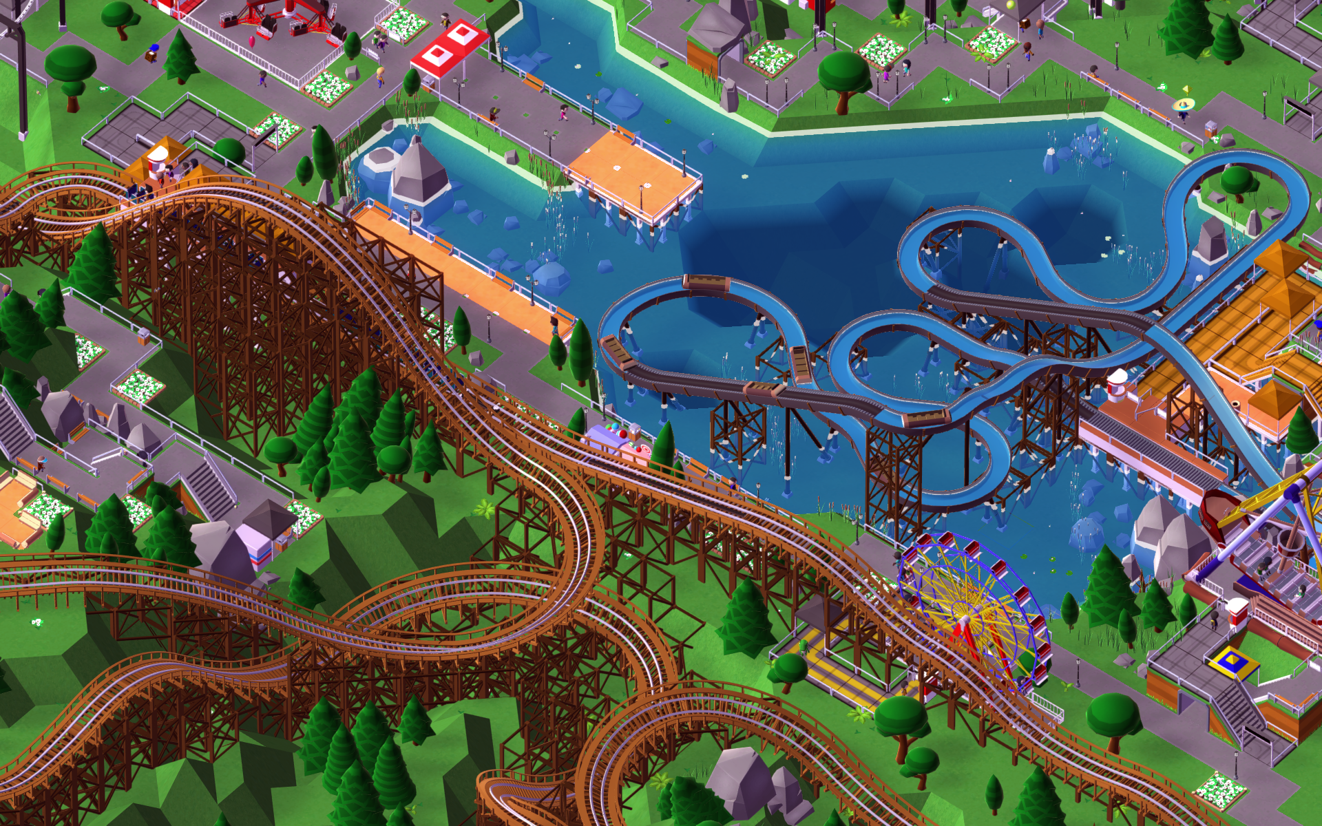 HD wallpaper of a vibrant Parkitect game scene featuring roller coasters, water attractions, and park visitors.