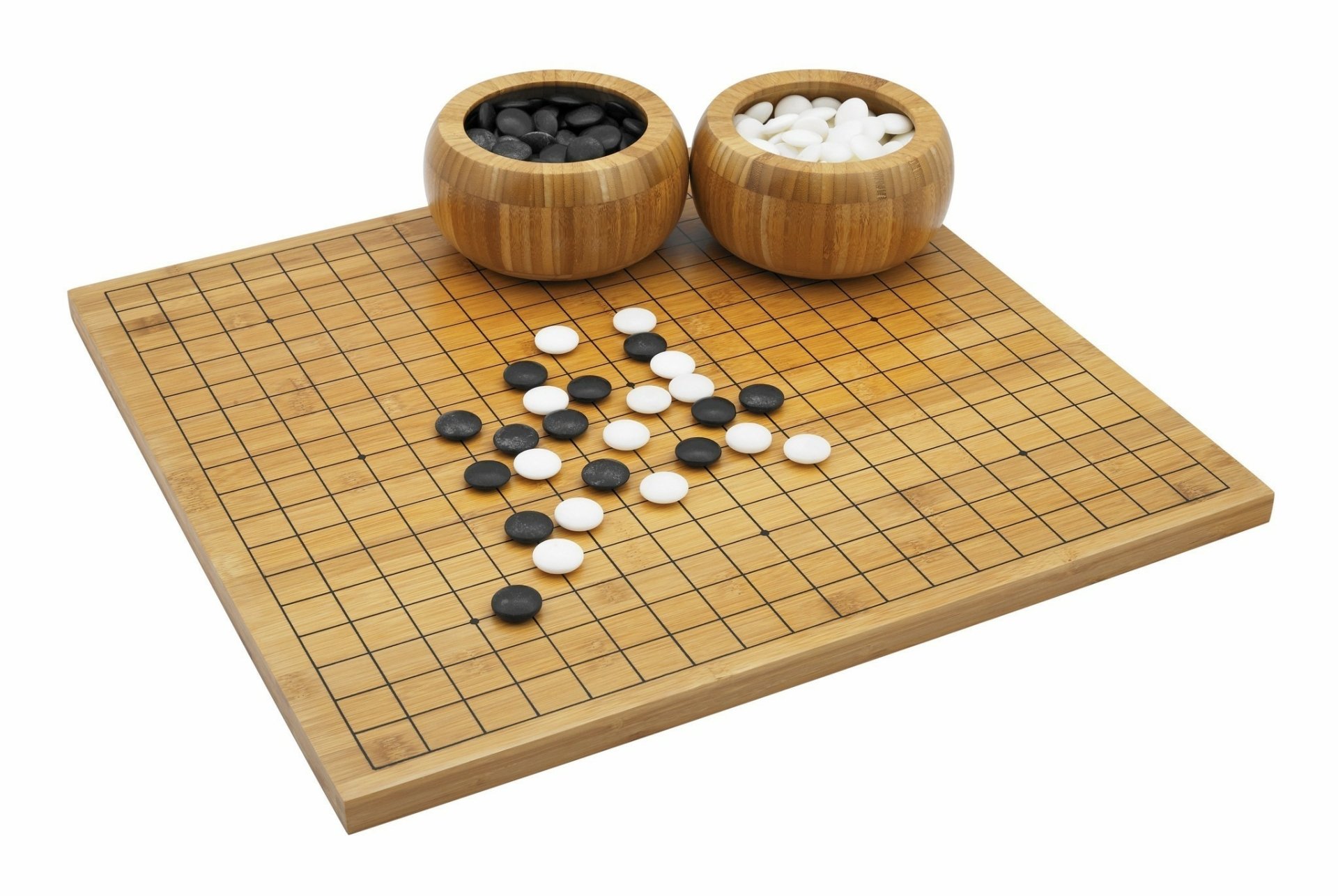 HD desktop wallpaper featuring a Go game board with black and white stones and wooden bowls on a white background.