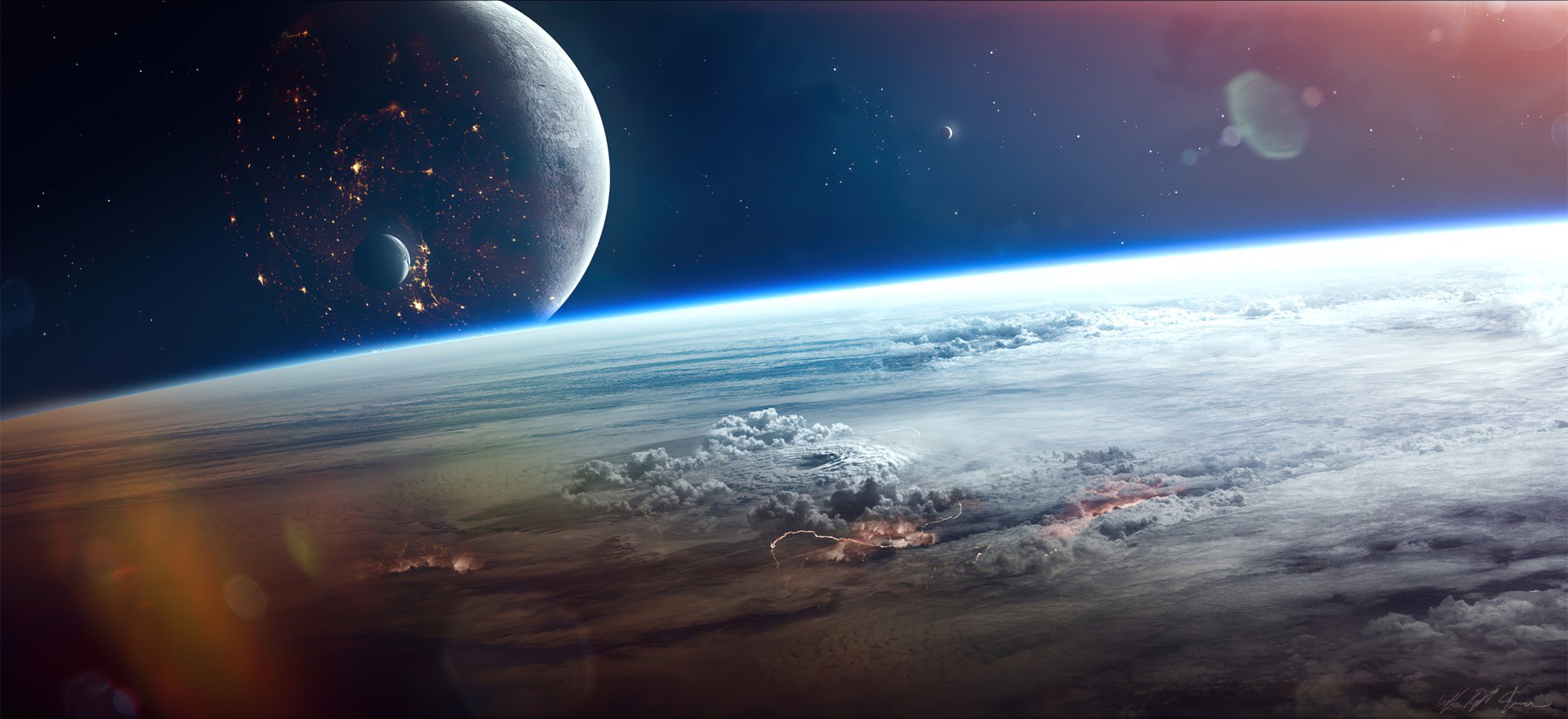 HD Sci-Fi PC desktop wallpaper showcasing a stunning planetscape with a glowing planet and distant celestial bodies in deep space.