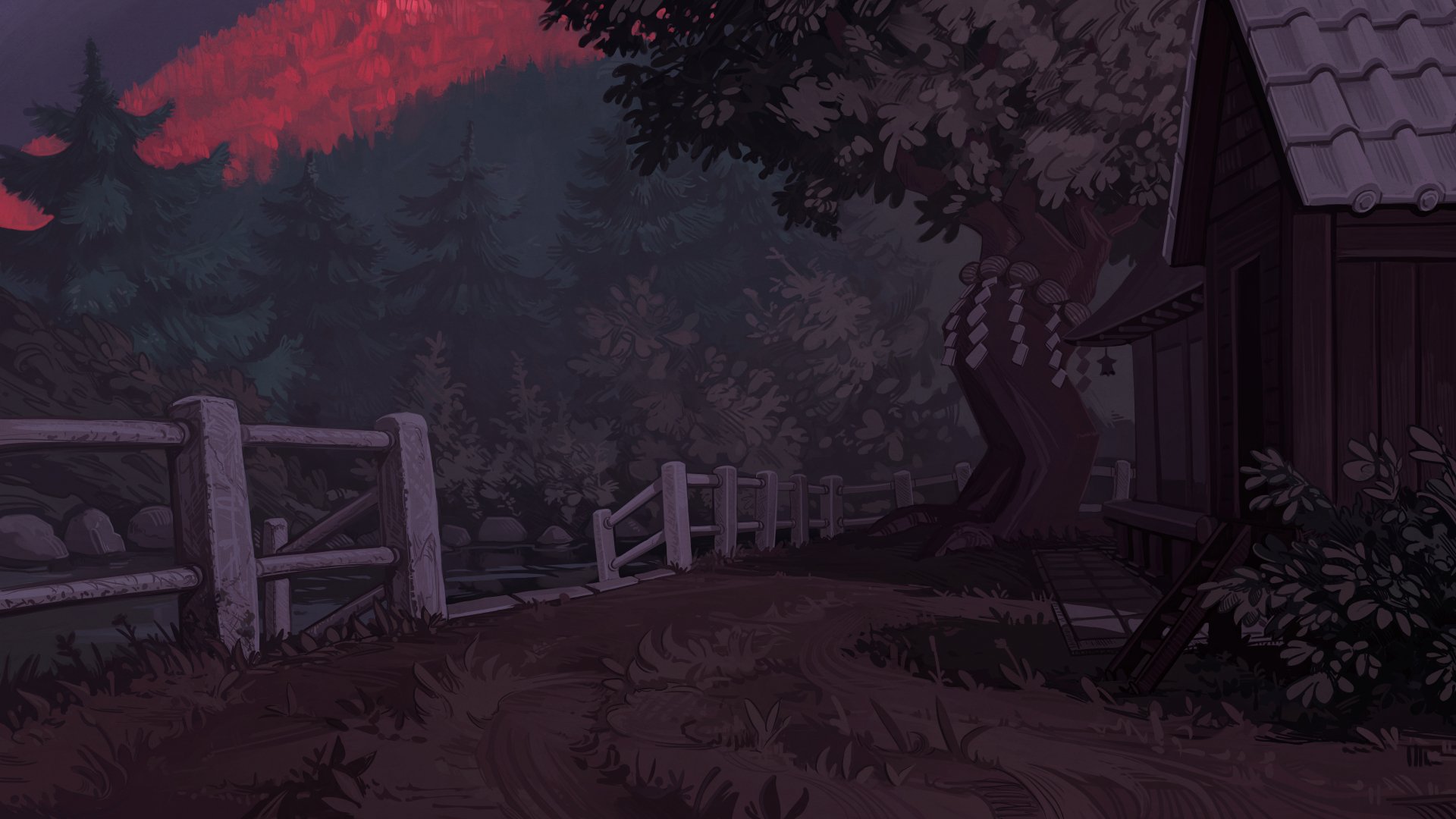 Anime-style Touhou scenery showcasing a dark, serene rural path with a wooden fence and traditional house under a crimson sky, rendered in 4K Ultra HD detail.