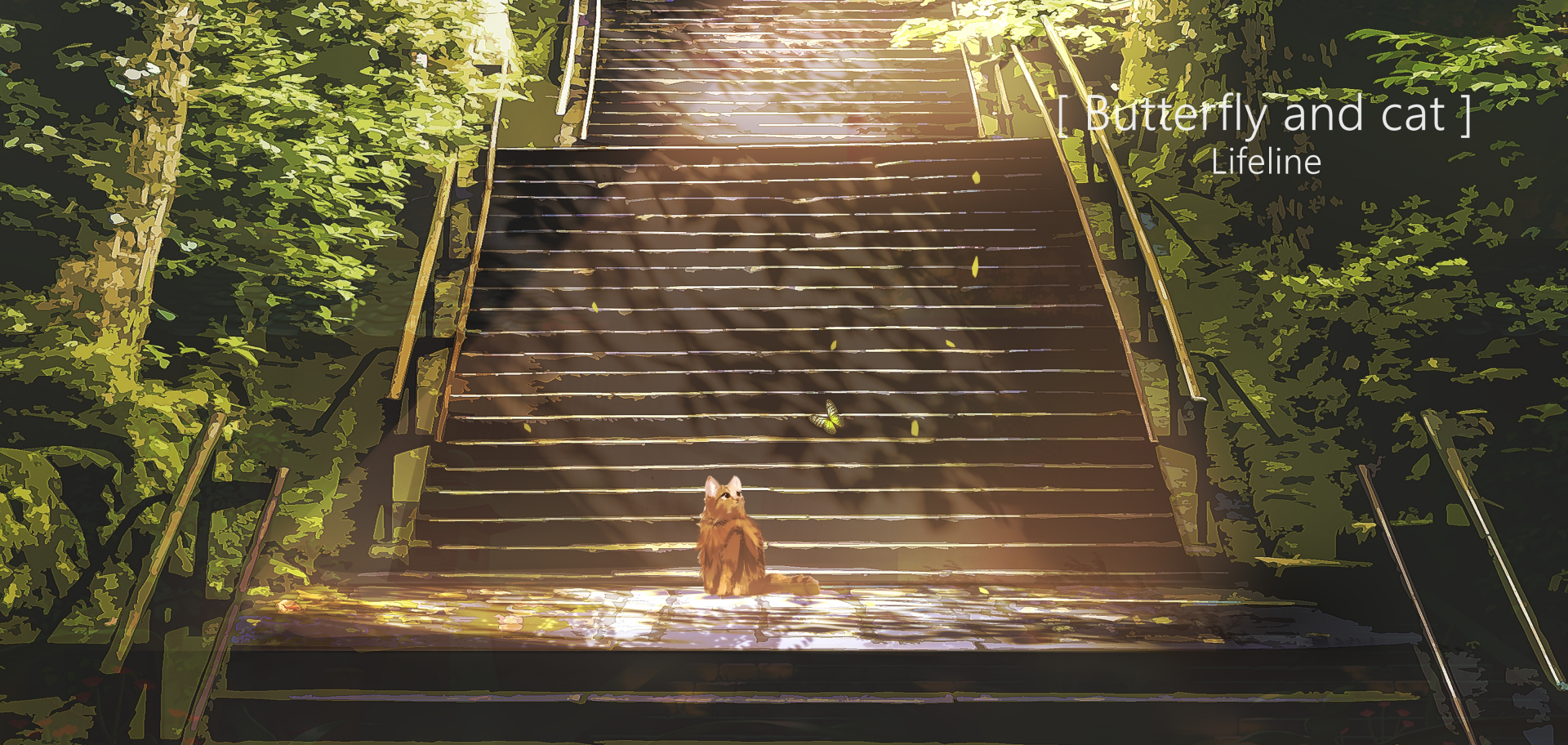 Anime-style cat sits on sunlit steps surrounded by glowing butterflies, captured in stunning 4K Ultra HD for a vibrant PC desktop wallpaper.