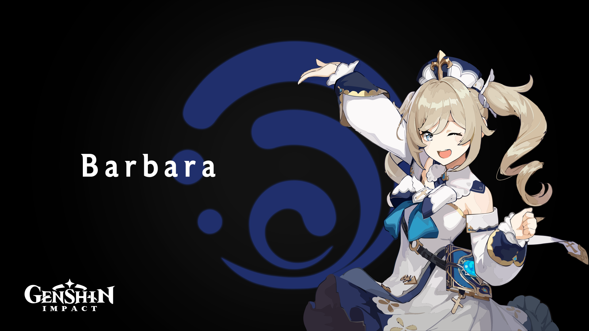 4K Ultra HD PC desktop wallpaper featuring Barbara from the video game Genshin Impact, with a dark background and the Genshin Impact logo.