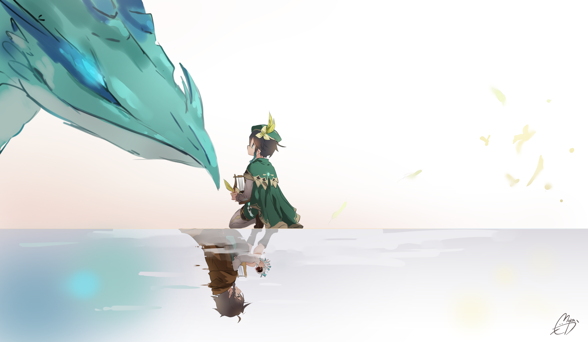 A serene 4K Ultra HD PC wallpaper featuring Venti from Genshin Impact, interacting with a large, translucent creature against a soft, light background.