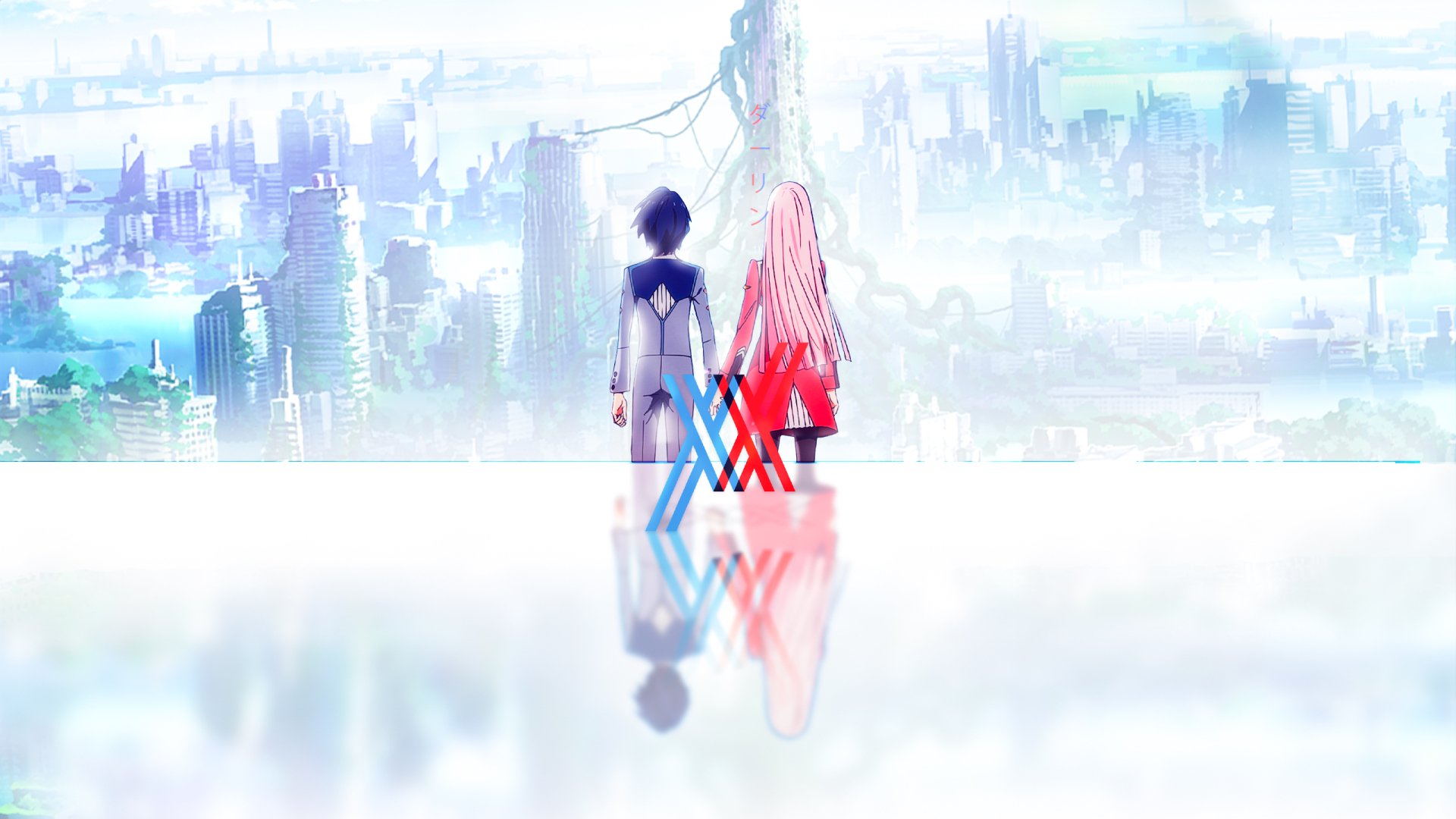 HD anime desktop wallpaper featuring two characters from Darling in the FranXX standing side by side, overlooking a futuristic cityscape with soft blue and pink hues.
