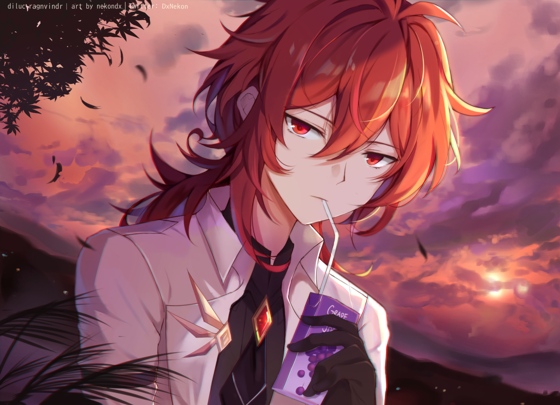 HD PC desktop wallpaper featuring Diluc from the video game Genshin Impact, set against a dramatic sunset sky with warm, vivid colors.