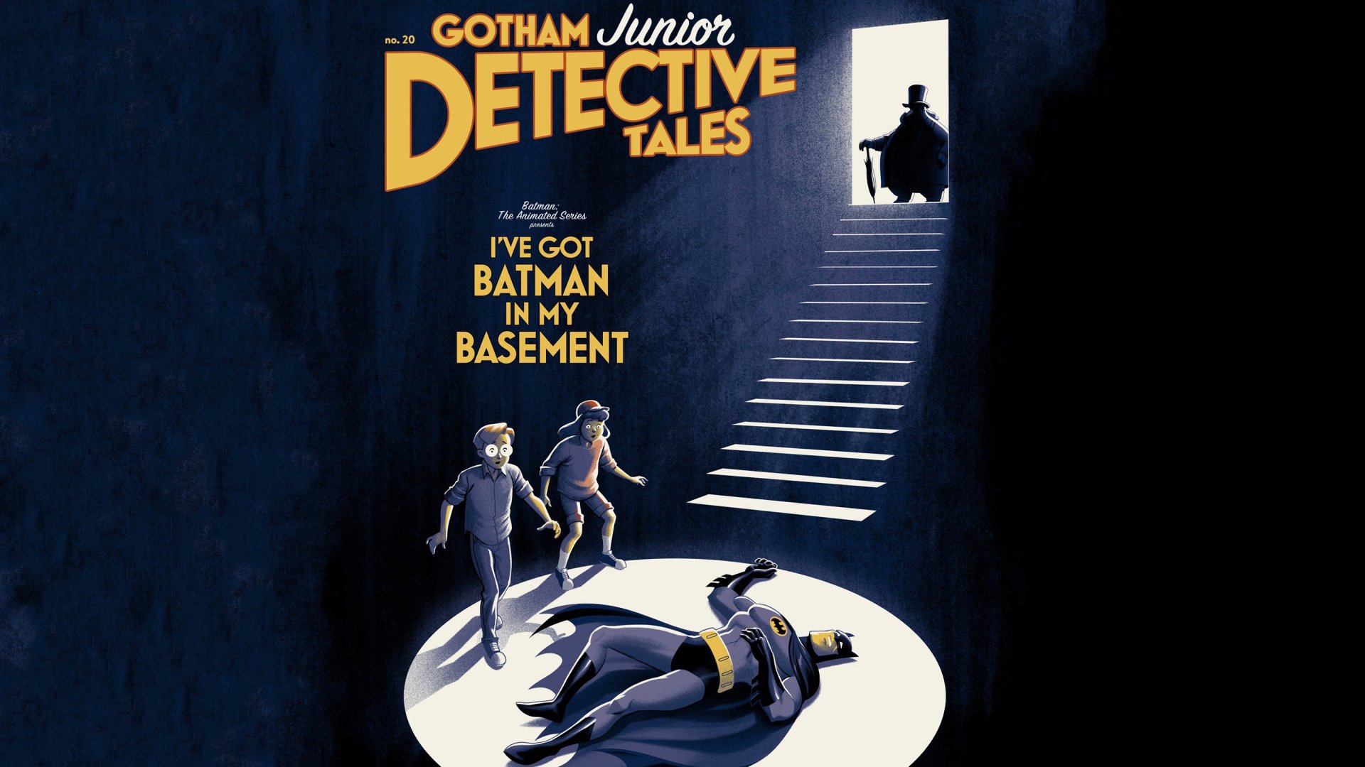 2K Quad HD desktop wallpaper from TV show Batman: The Animated Series — Gotham Junior Detective Tales: two kids discover Batman in a basement spotlight while a silhouetted figure watches the stairs.