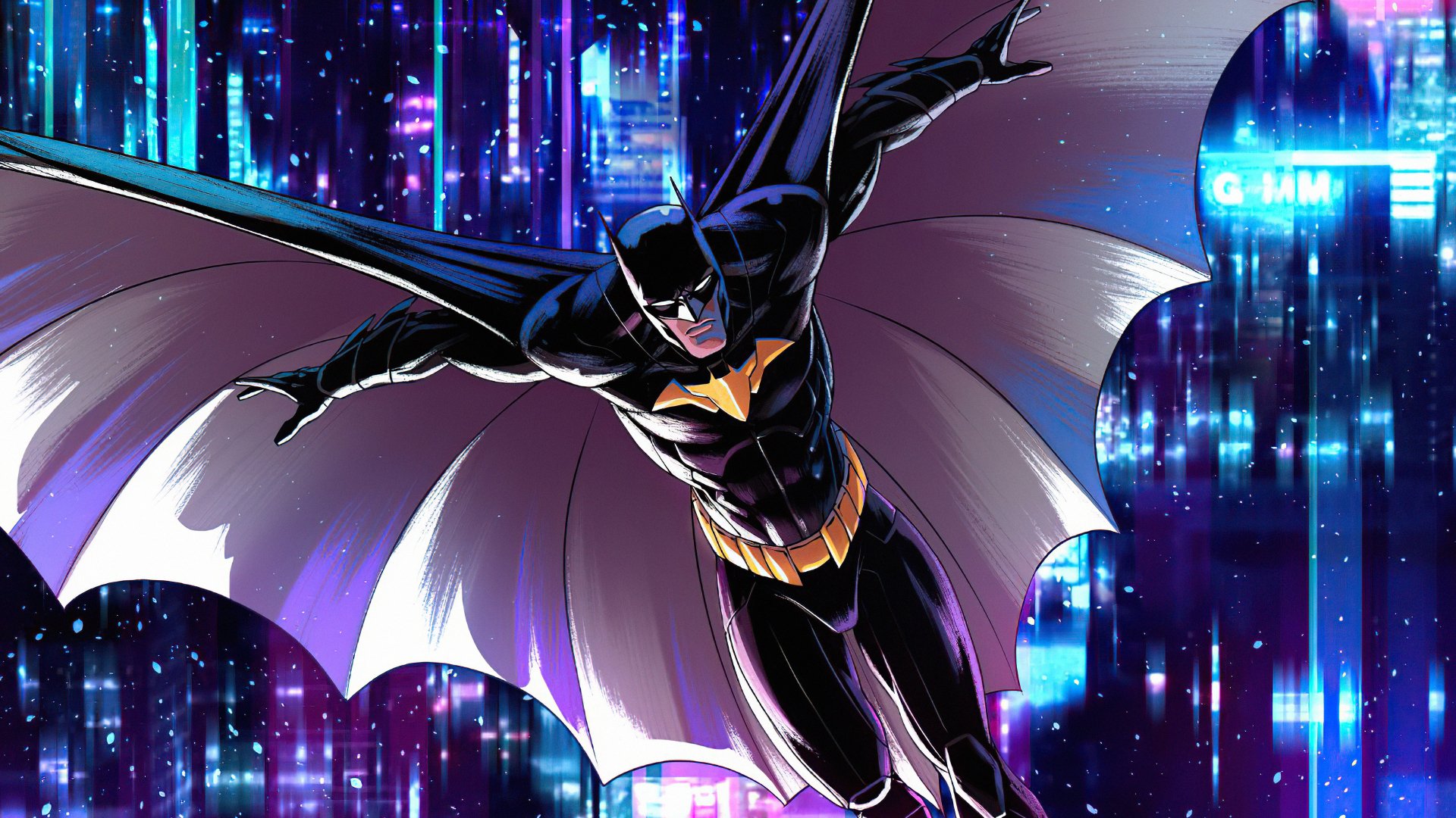 4K Ultra HD DC Comics wallpaper featuring Batman soaring through a futuristic cityscape, blending dynamic comic art with vibrant neon lights.