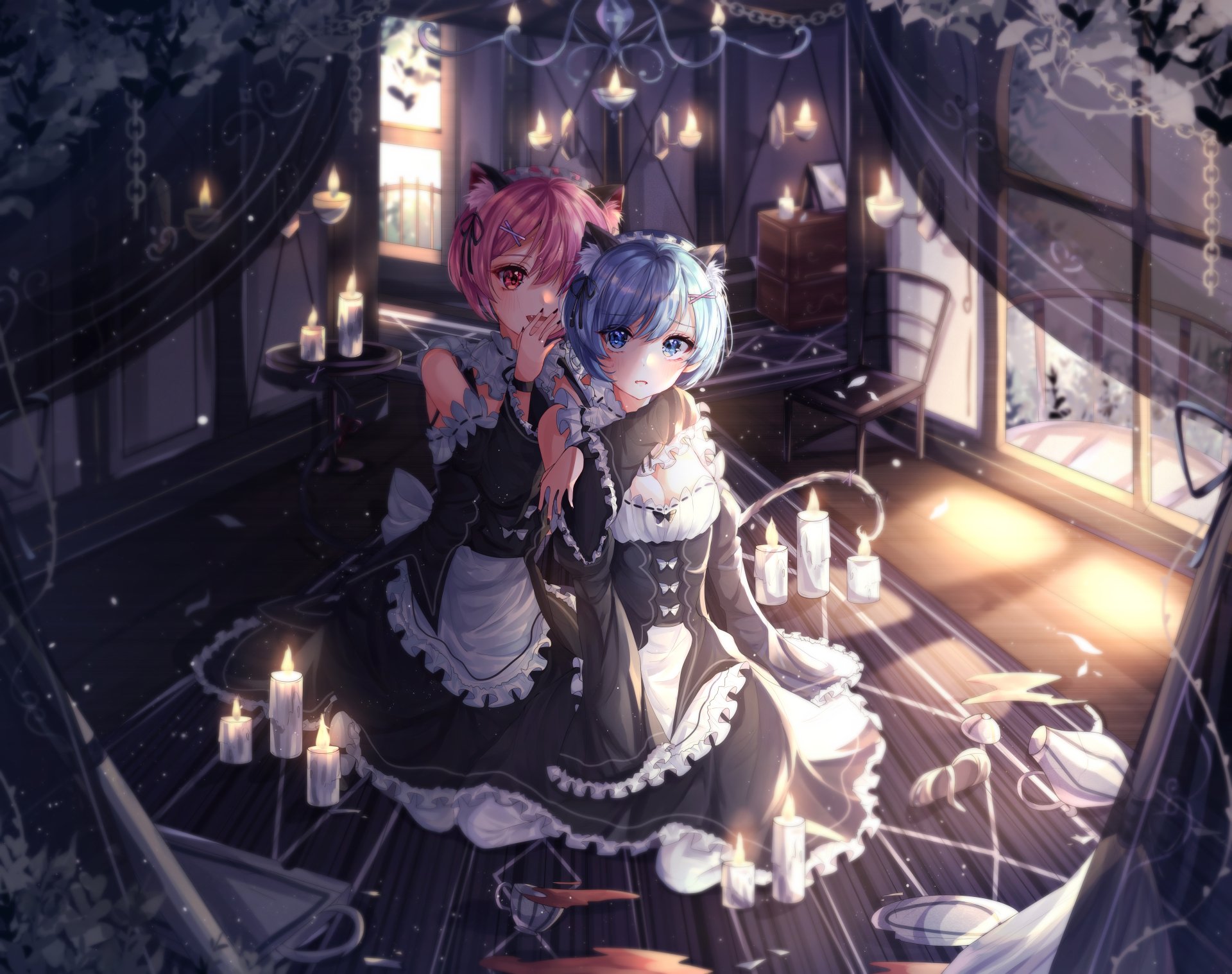 Download Pink Eyes Candle Short Hair Pink Hair Maid Blue Hair Blue Eyes ...