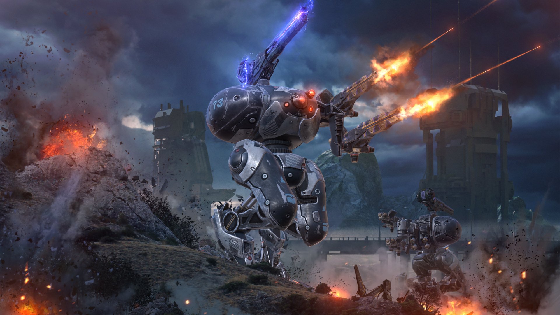 HD wallpaper of War Robots with intense battle scene featuring advanced robots amidst explosions and ruins.