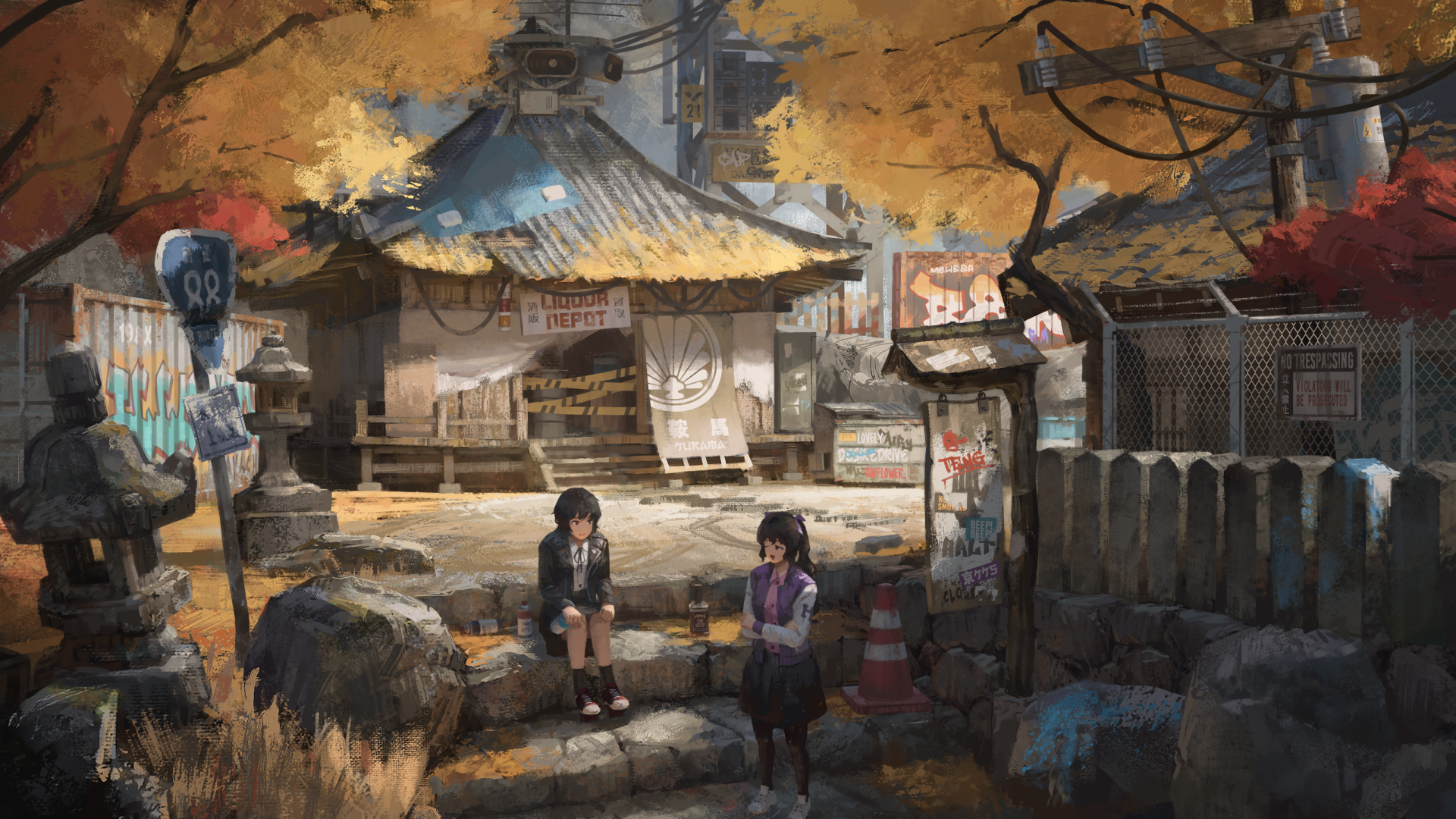 HD PC desktop wallpaper featuring Aya Shameimaru and Hatate Himekaidou from the Touhou anime series in a detailed autumn village scene.