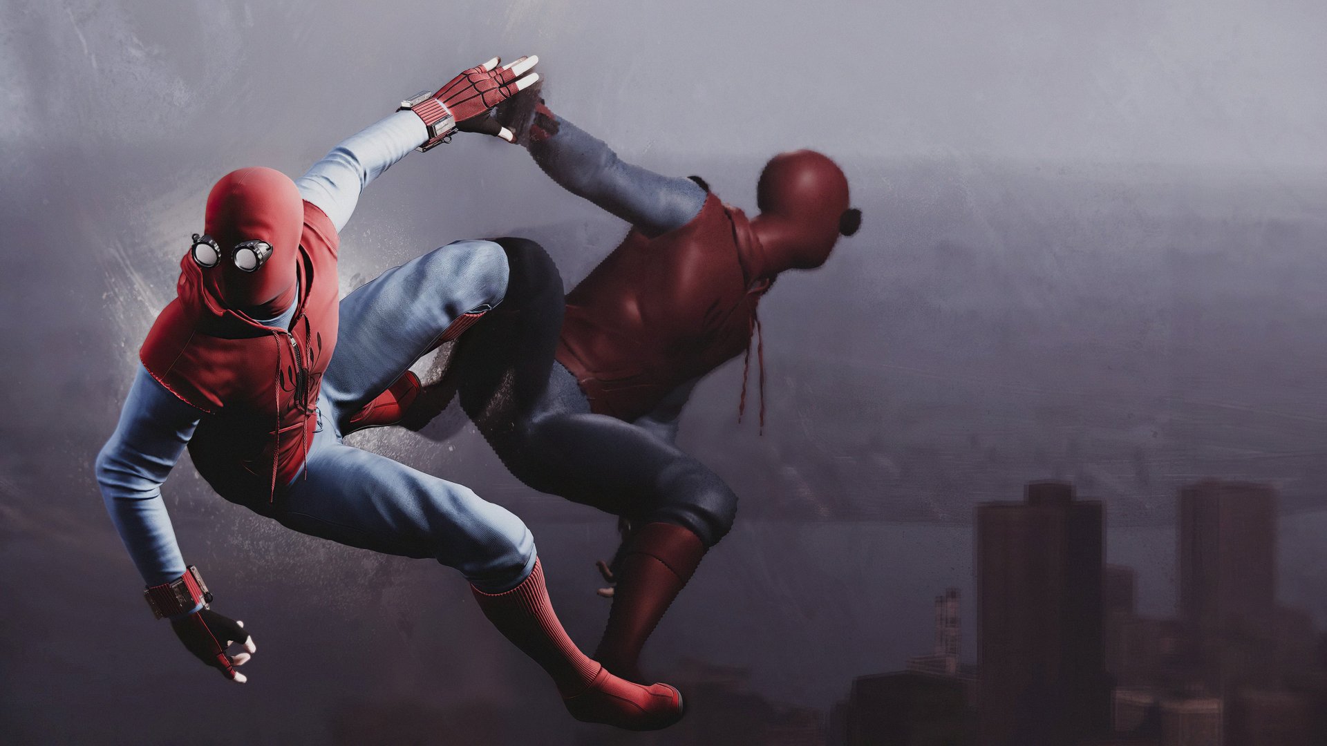 4K Ultra HD PC desktop wallpaper from the video game Marvel's Spider-Man: Miles Morales, showing two web‑swinging Spider-Man figures in red and black leaping above a foggy city skyline.