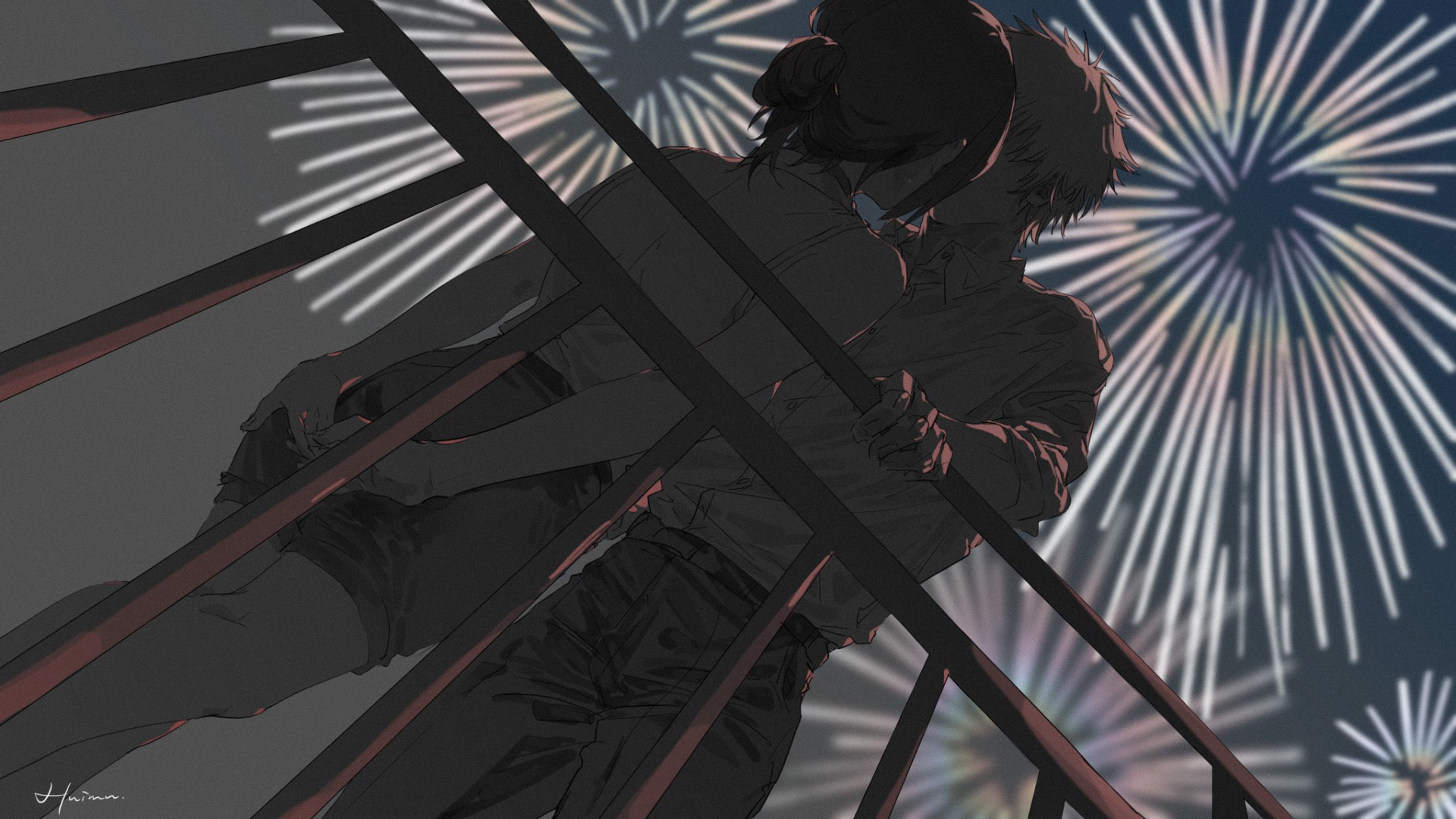 HD anime desktop wallpaper of a loving anime couple sharing an intimate moment with vibrant fireworks illuminating the night sky behind them.