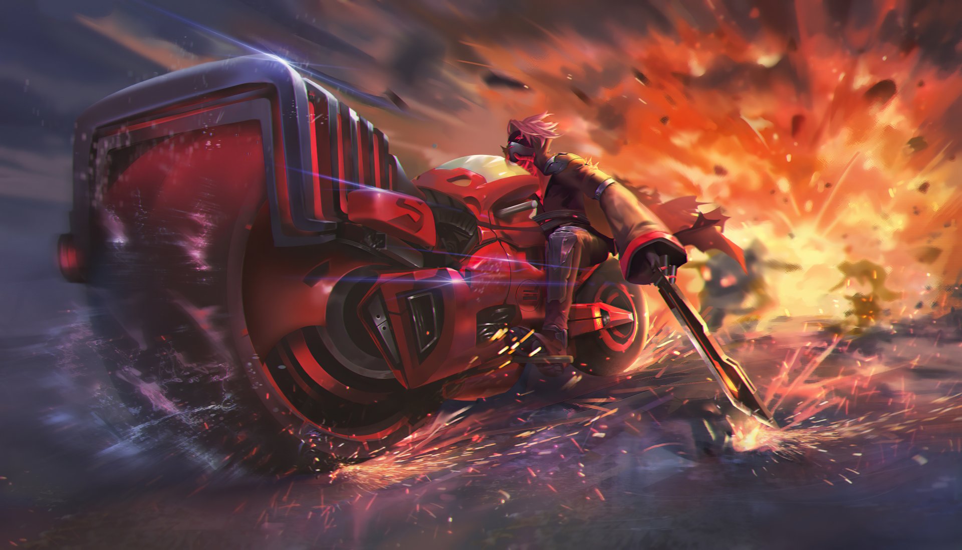 4K Ultra HD PC desktop wallpaper: cyberpunk sci‑fi scene of a futuristic vehicle — a neon red hoverbike and rider skidding through rain and sparks against an explosive, neon-lit city backdrop.