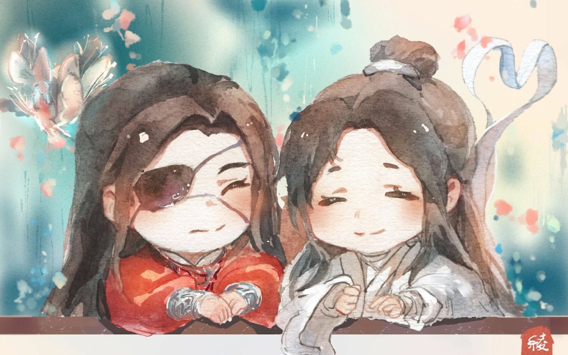Chibi-style Xie Lian and San Lang from Heaven Official's Blessing smile gently, with watercolor effects inspired by Crimson Rain Sought Flower and Tian Guan Ci Fu.